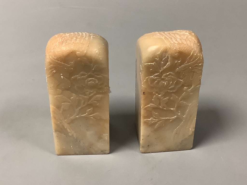 Two Chinese square soapstone seals, height 7cm